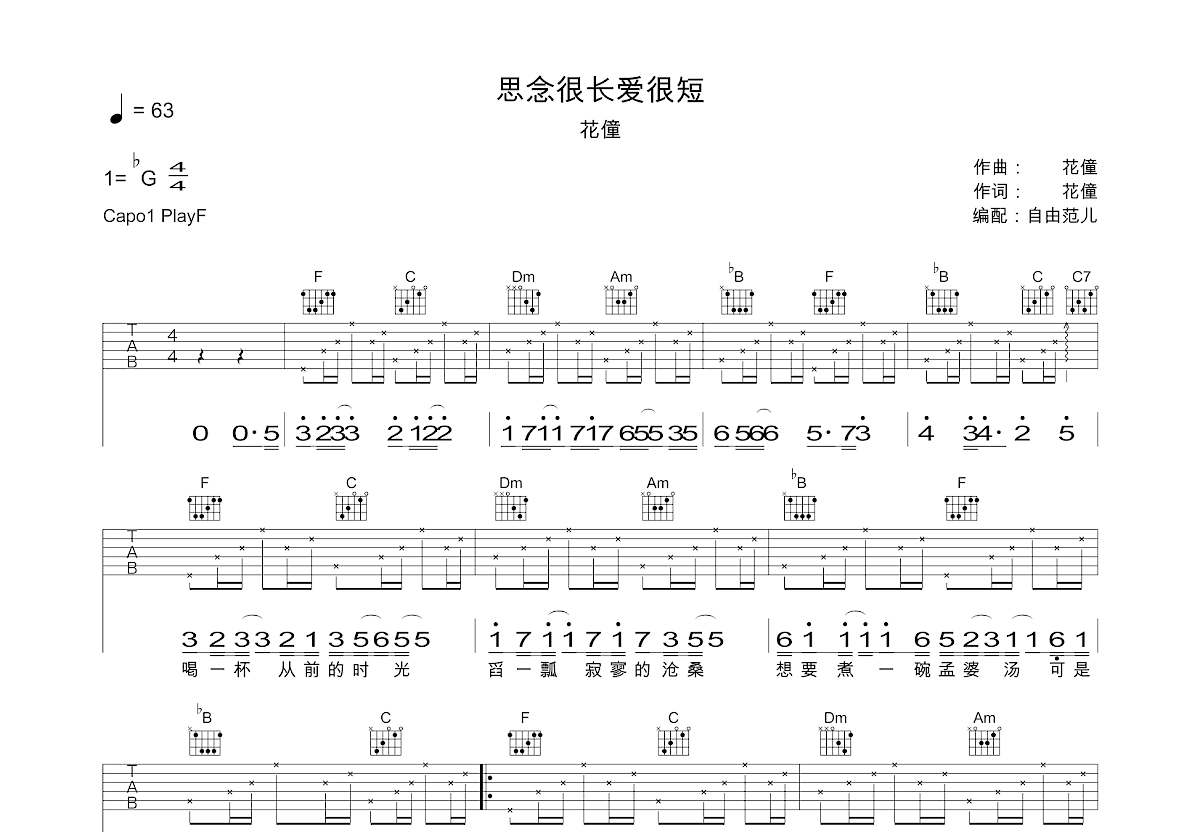 思念很长爱很短吉他谱预览图