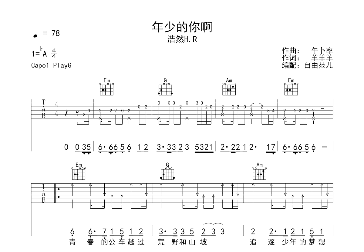 年少的你啊吉他谱预览图