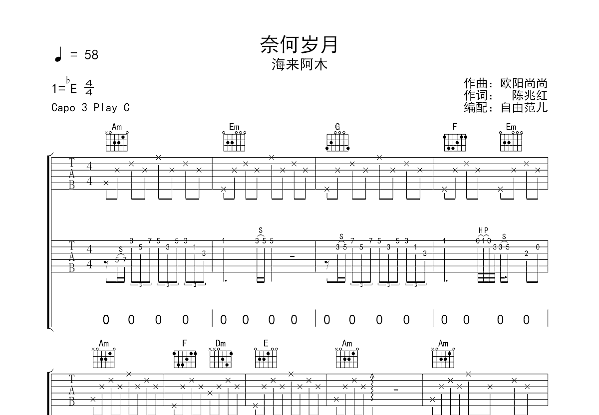 奈何岁月吉他谱预览图