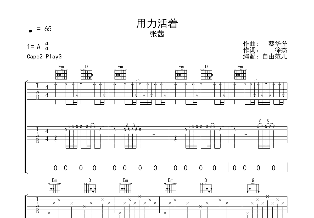 用力活着吉他谱预览图