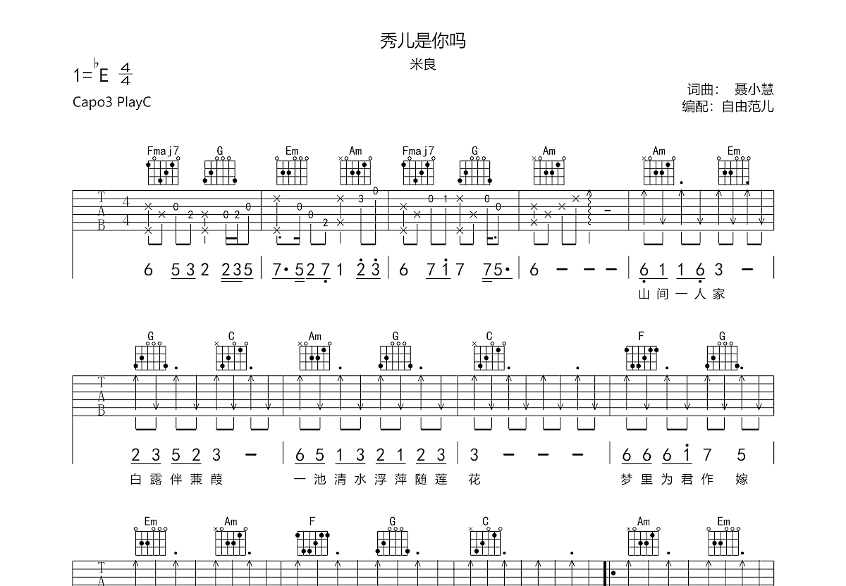 秀儿是你吗吉他谱预览图