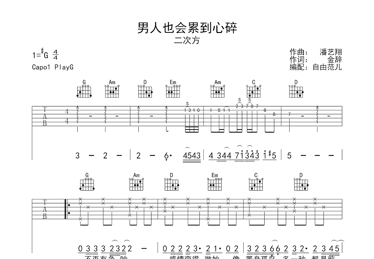 男人也会累到心碎吉他谱预览图