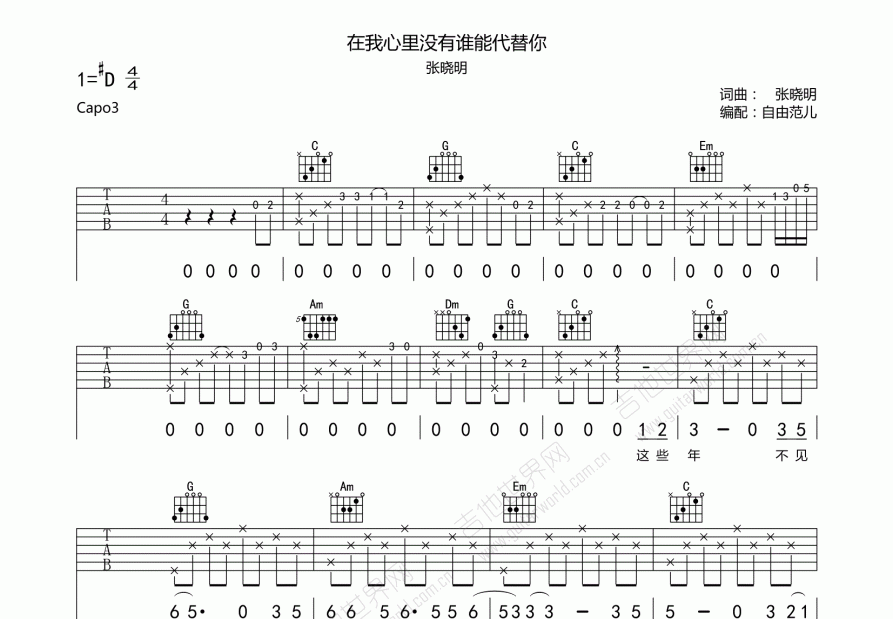 在我心里没有谁能代替你吉他谱预览图