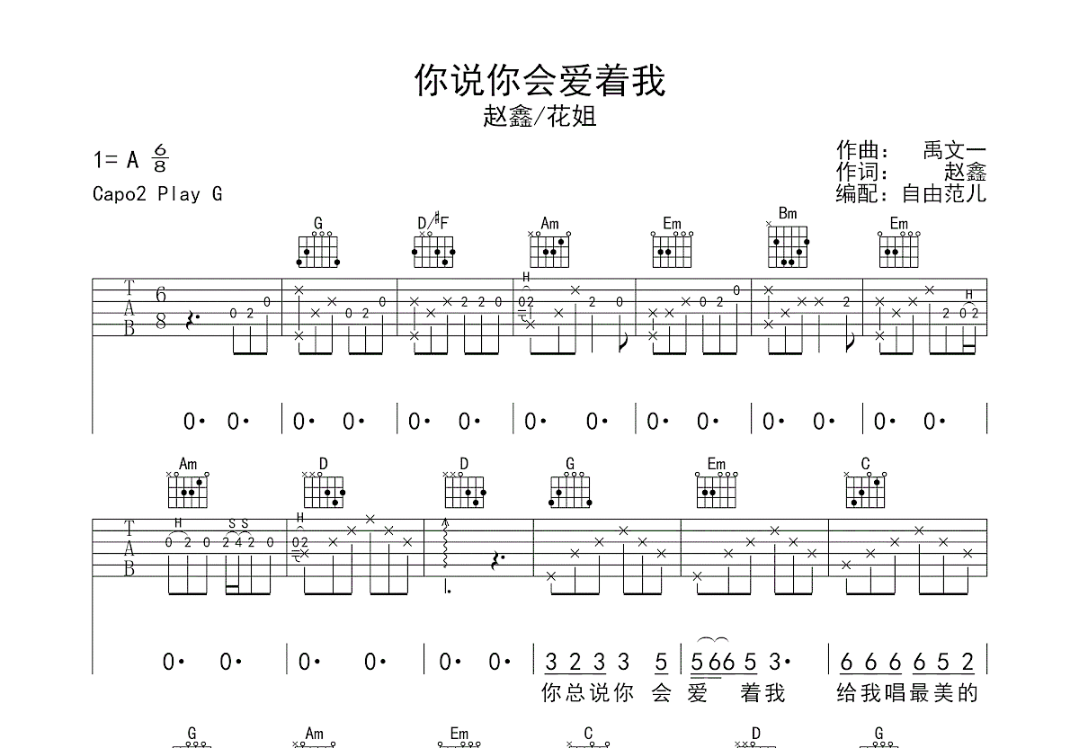 你说你会爱着我吉他谱_赵鑫/花姐_G调弹唱