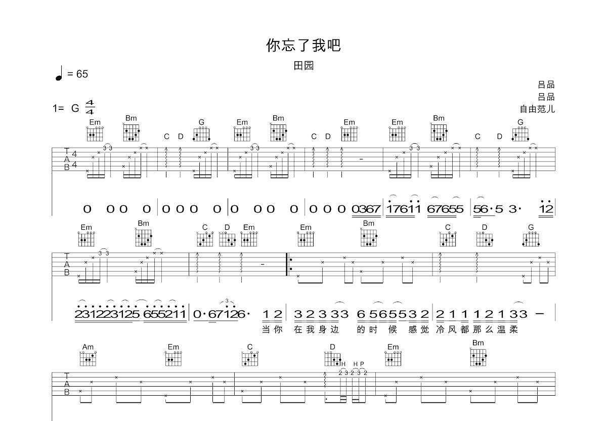 你忘了我吧吉他谱_田园_G调弹唱