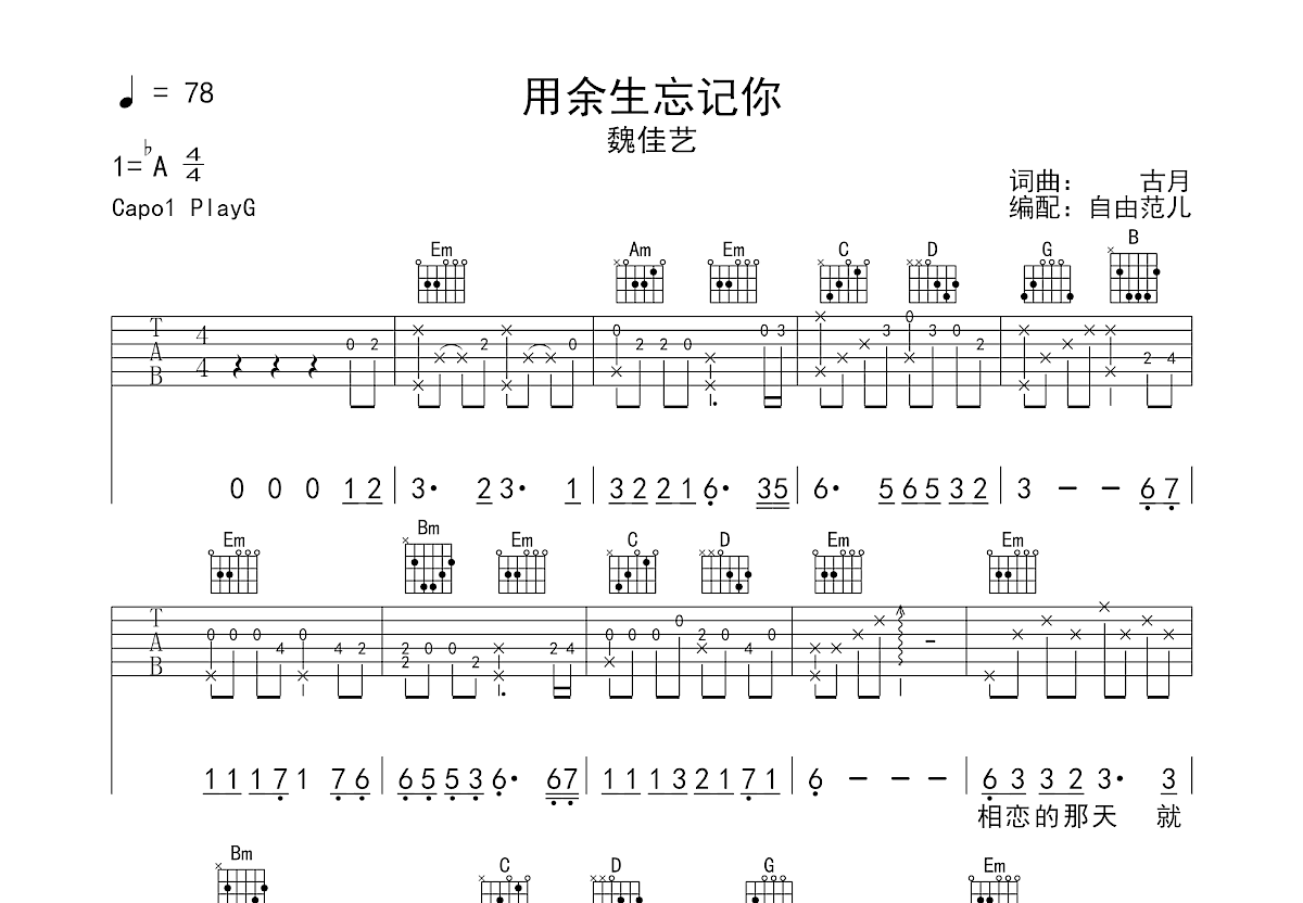 用余生忘记你吉他谱预览图