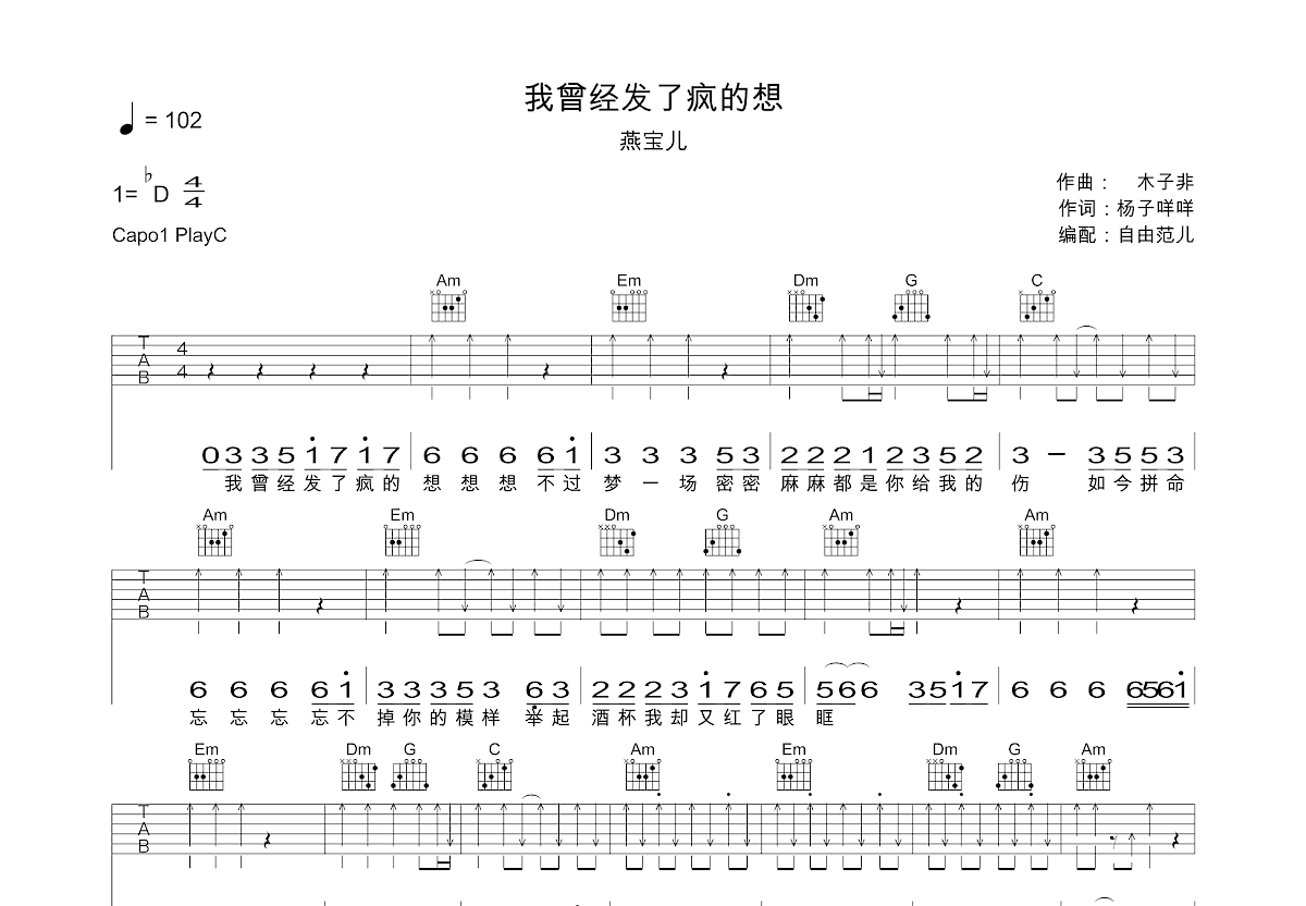 我曾经发了疯的想吉他谱预览图