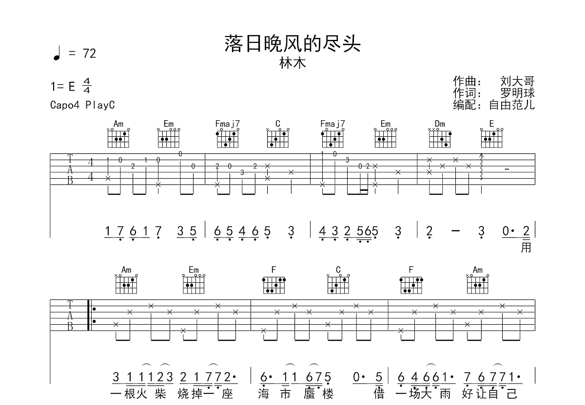 落日晚风的尽头吉他谱预览图