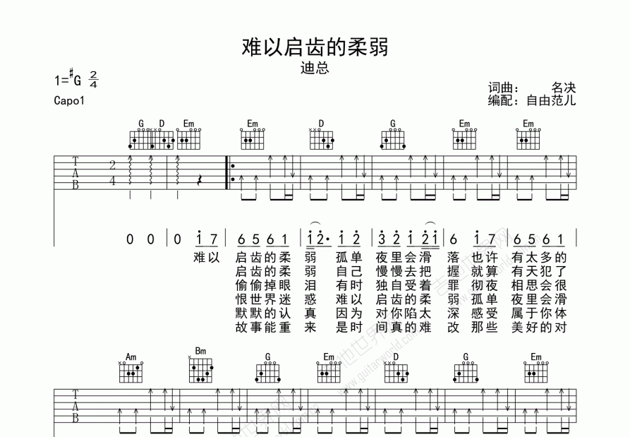 难以启齿的柔弱吉他谱预览图