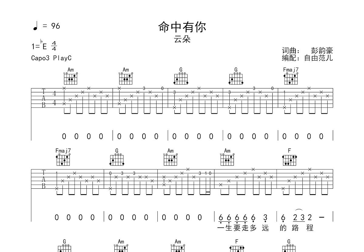 命中有你吉他谱预览图