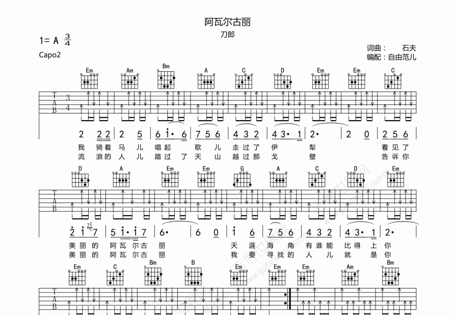 阿瓦尔古丽吉他谱预览图