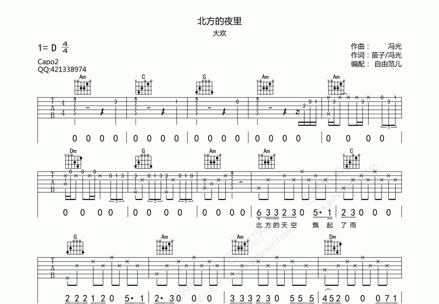 北方的夜里吉他谱预览图