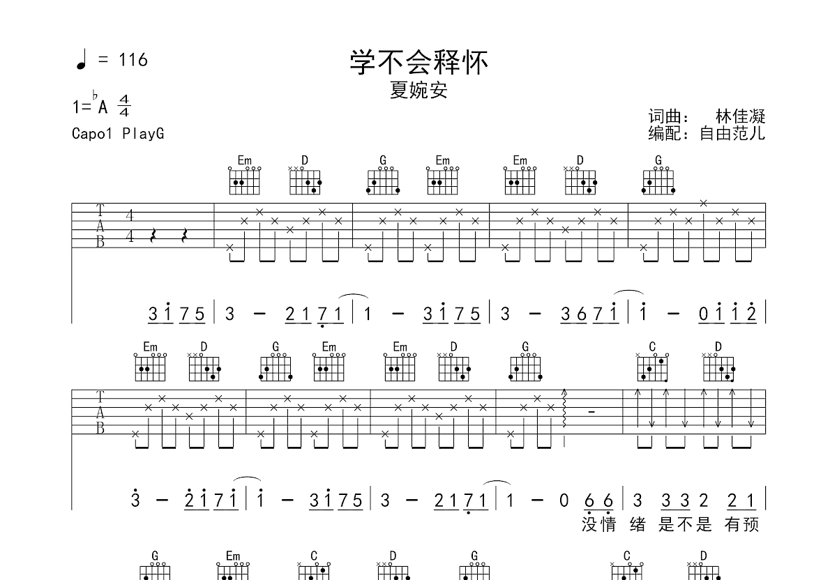 学不会释怀吉他谱预览图