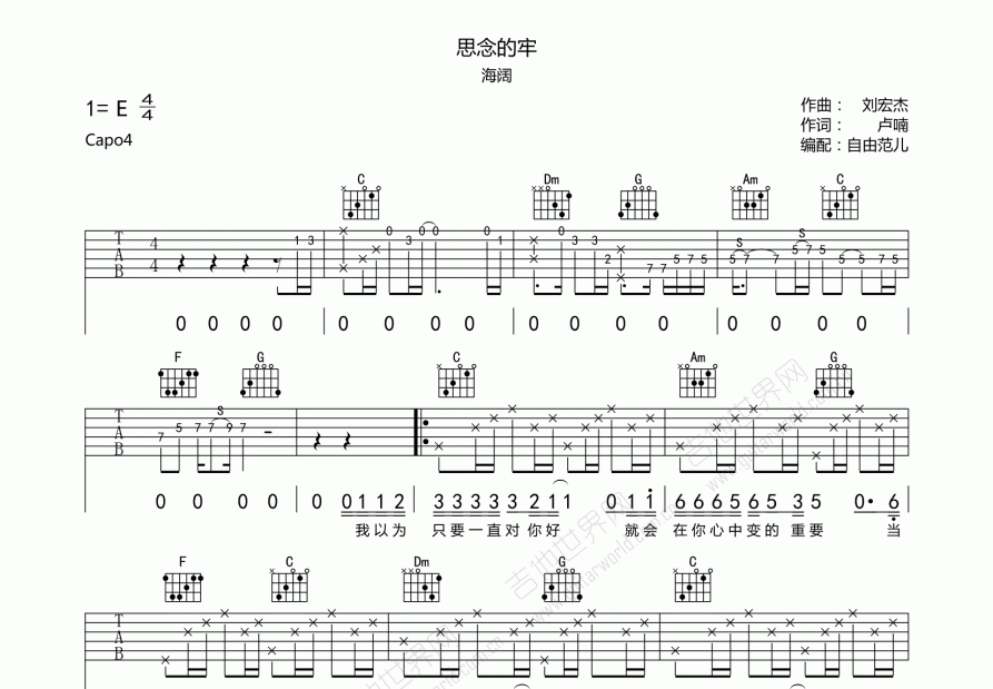 思念的牢 吉他谱预览图