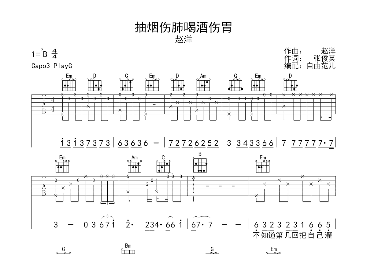 抽烟伤肺喝酒伤胃吉他谱预览图