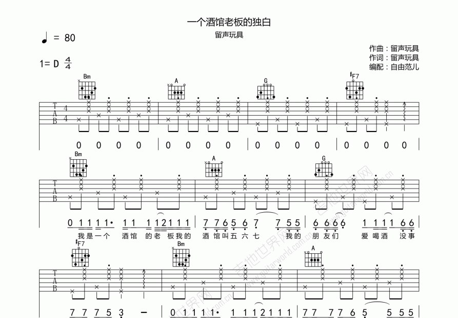 一个酒馆老板的独白吉他谱预览图