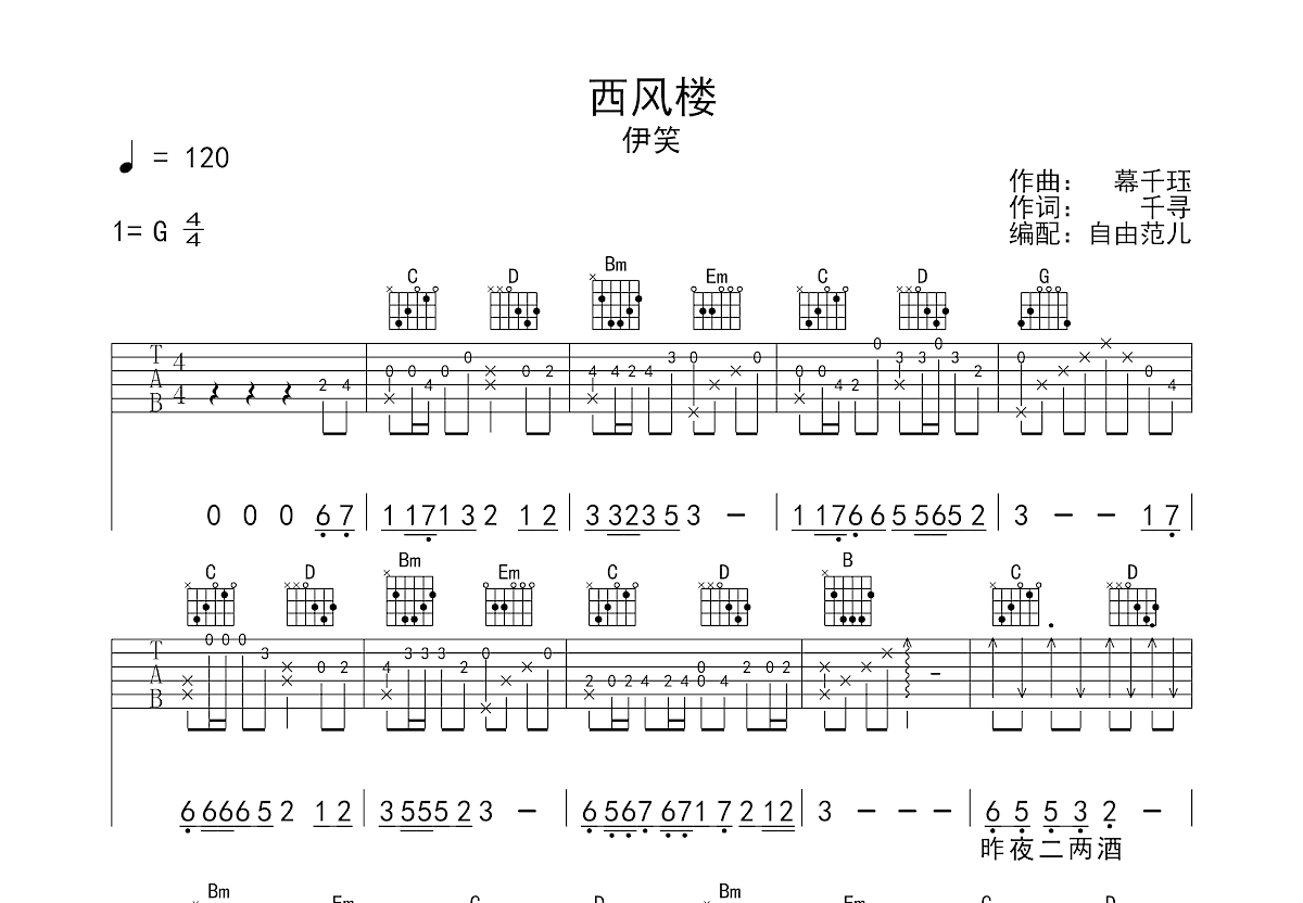 西风楼吉他谱预览图