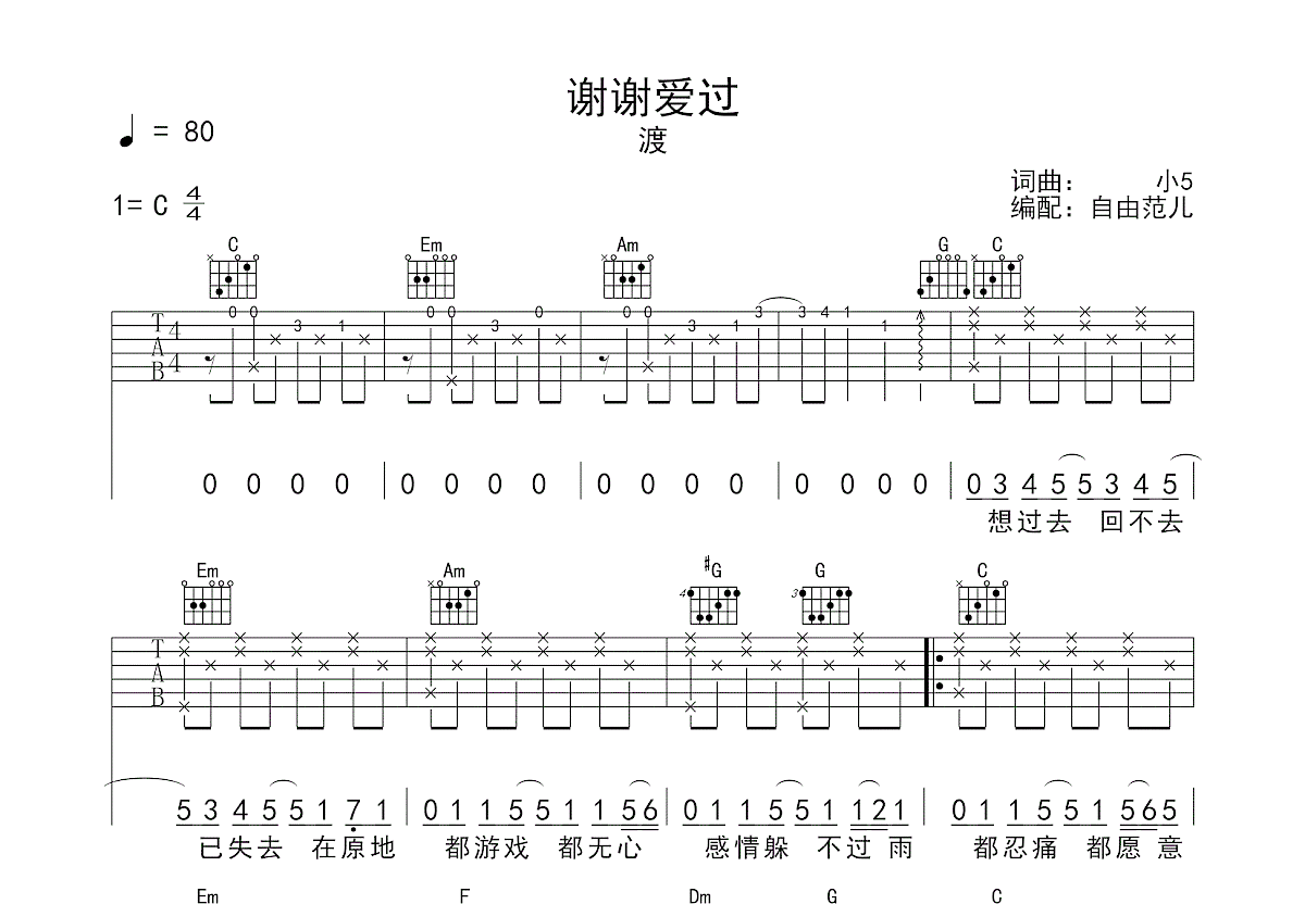 谢谢爱过吉他谱预览图