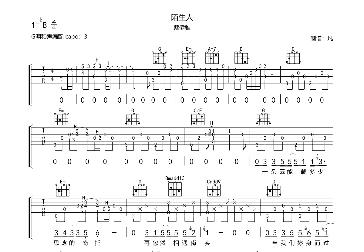 陌生人吉他谱预览图