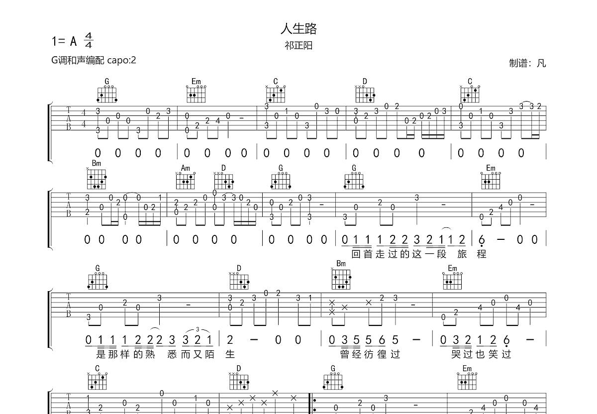 人生路吉他谱预览图