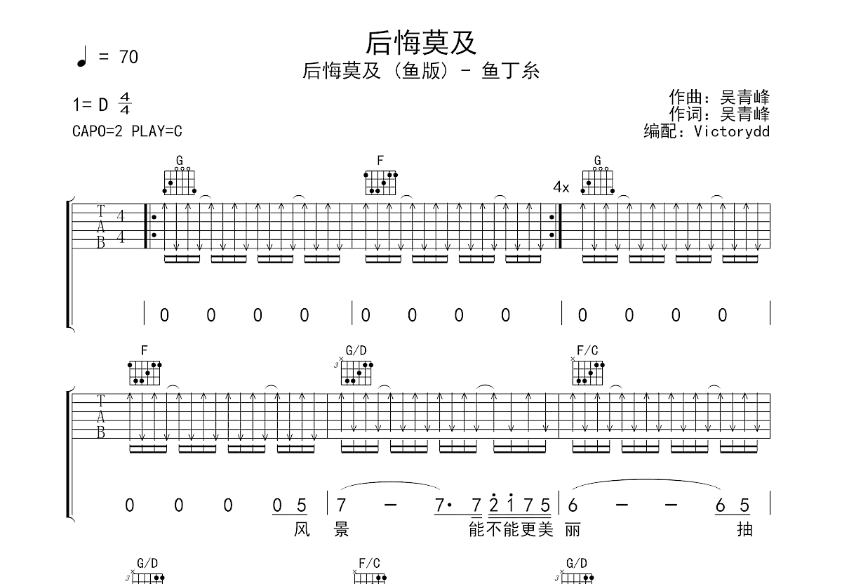 后悔莫及吉他谱预览图