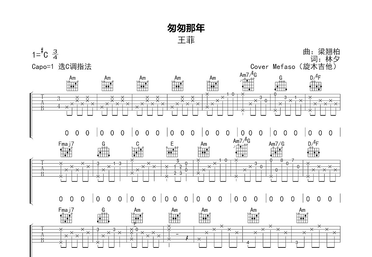 匆匆那年吉他谱_Mefaso_C调弹唱