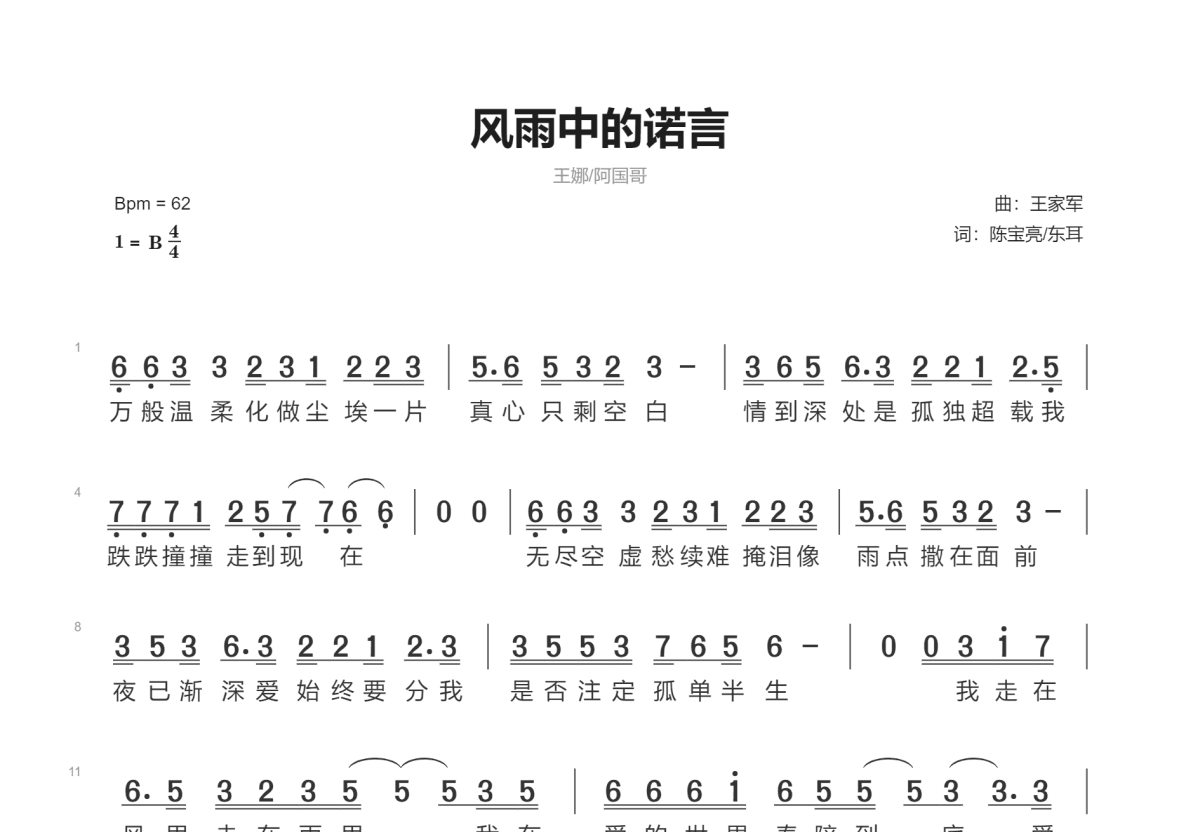 风雨中的诺言简谱预览图