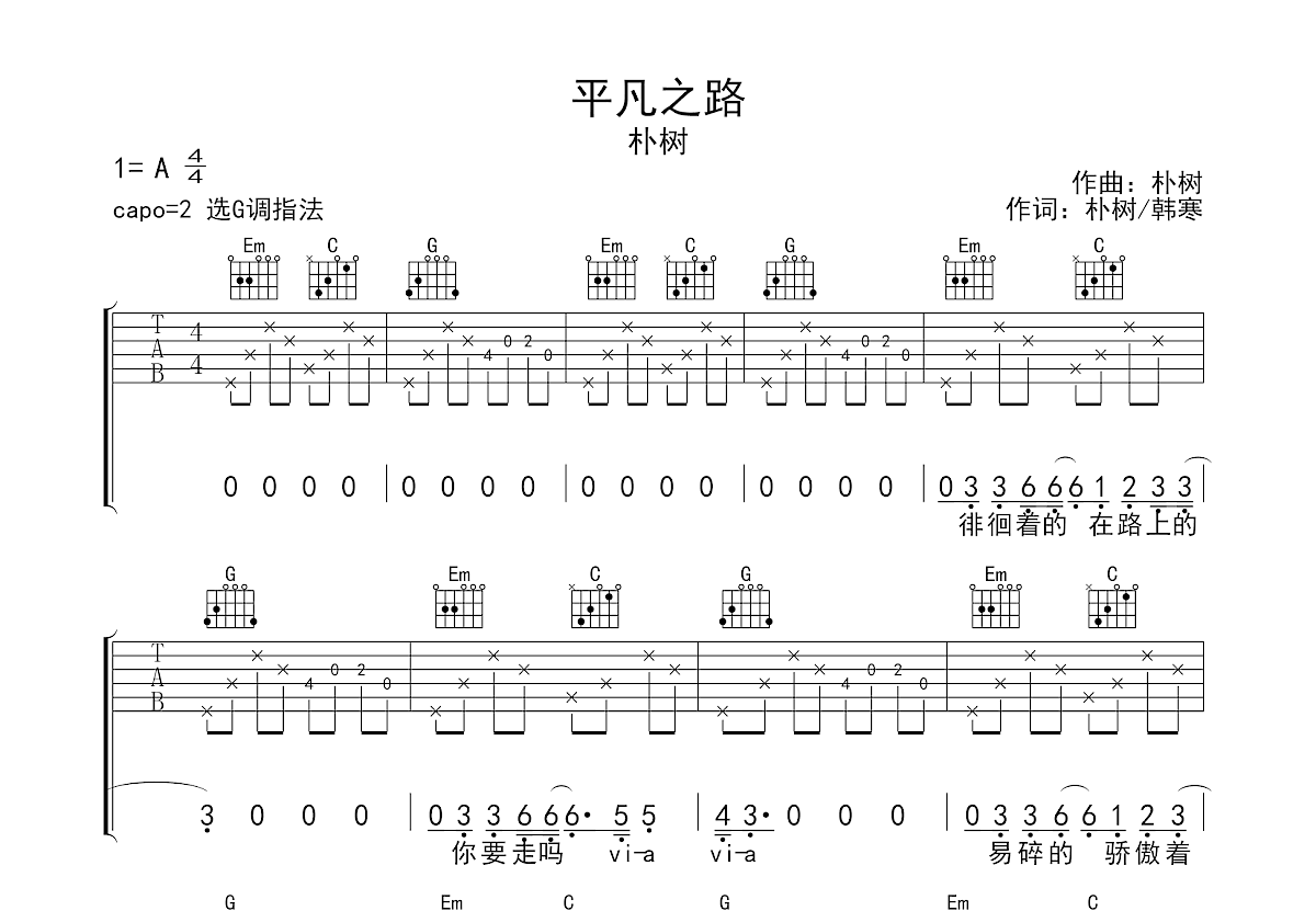 平凡之路吉他谱预览图