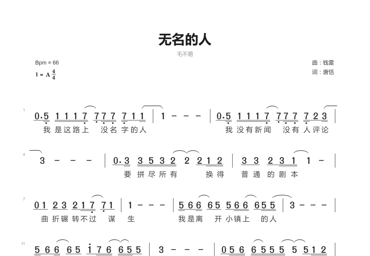 无名的人简谱预览图