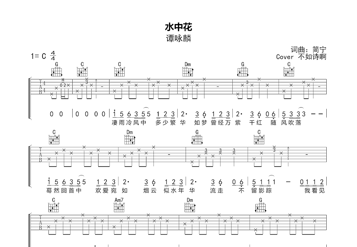 水中花吉他谱_不如诗啊_C调弹唱