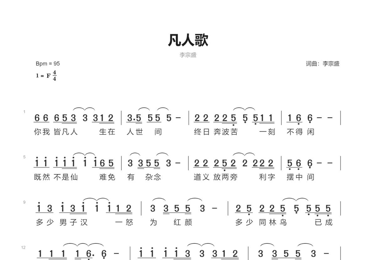 凡人歌简谱预览图