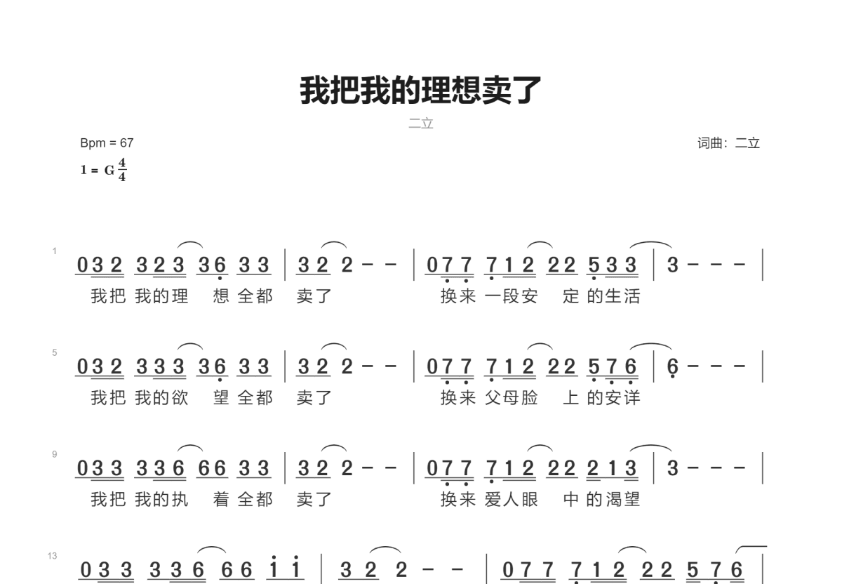 我把我的理想卖了简谱预览图