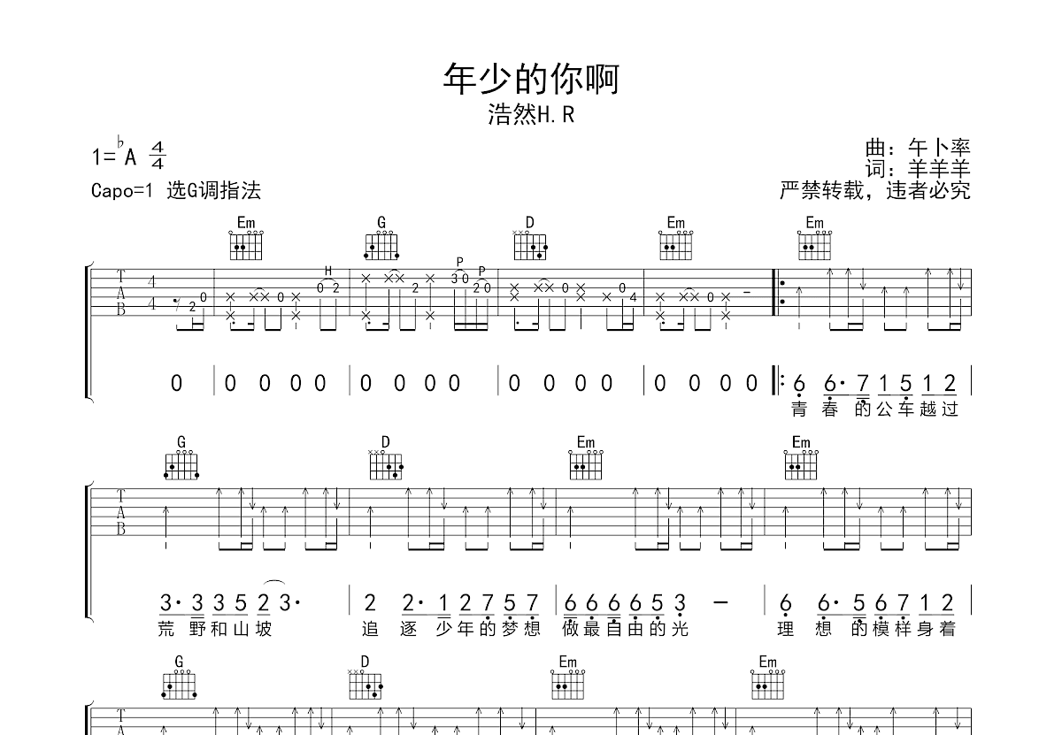 年少的你啊吉他谱预览图