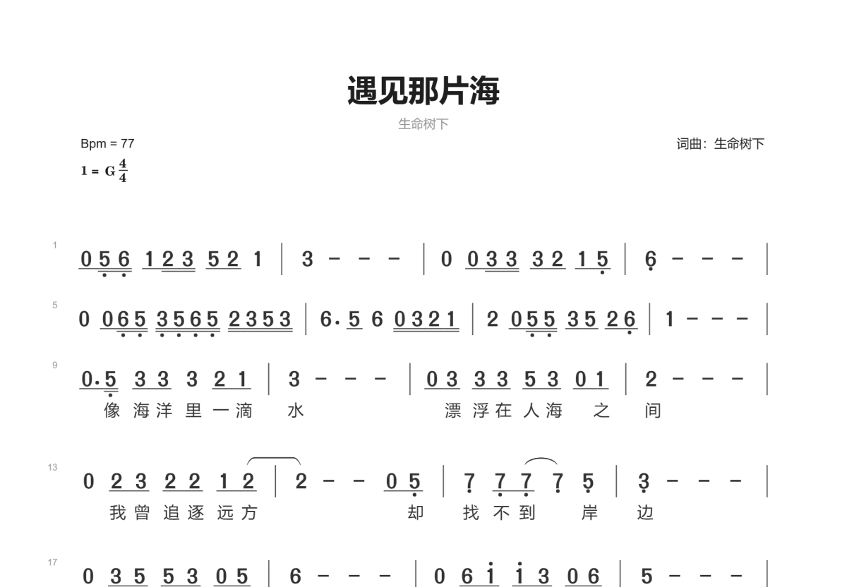 遇见那片海简谱预览图
