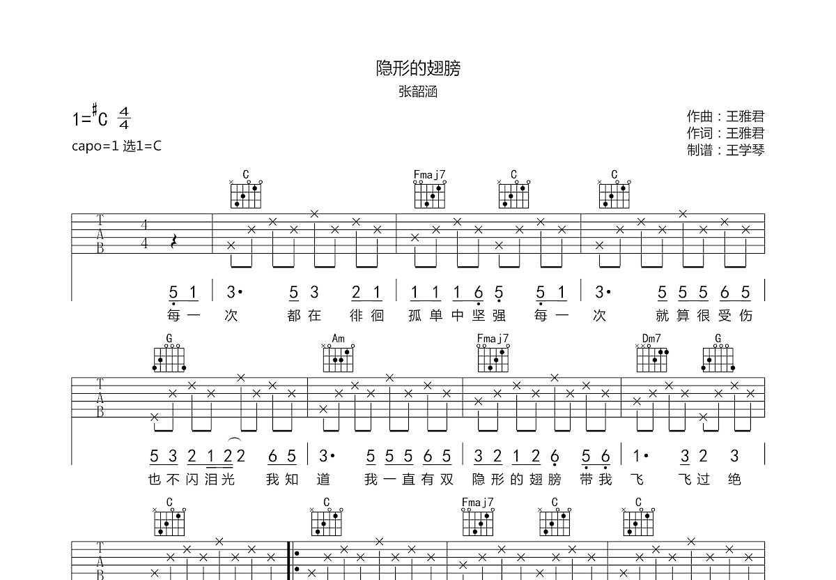 隐形的翅膀吉他谱预览图