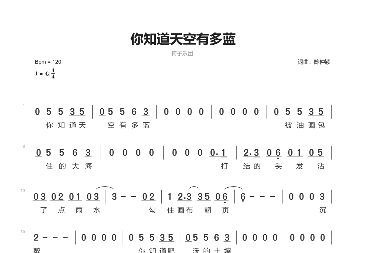 你知道天空有多蓝简谱预览图