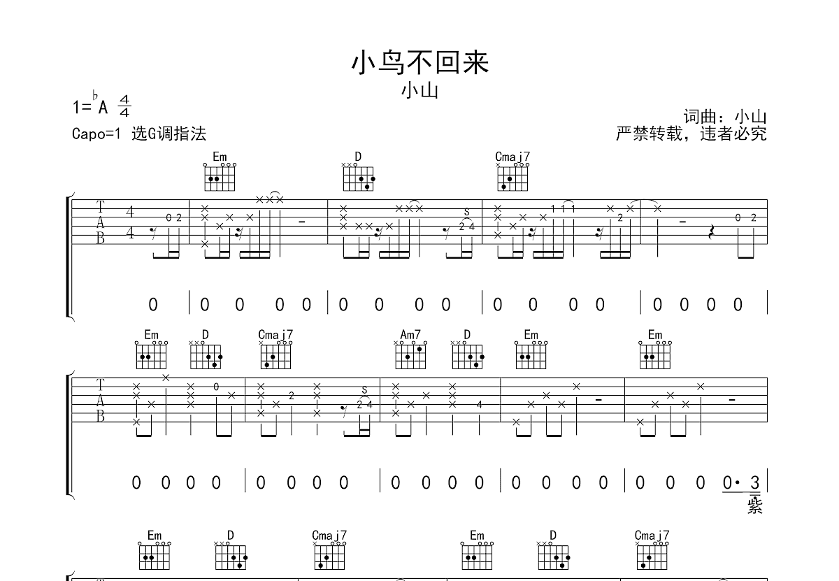 小鸟不回来吉他谱预览图