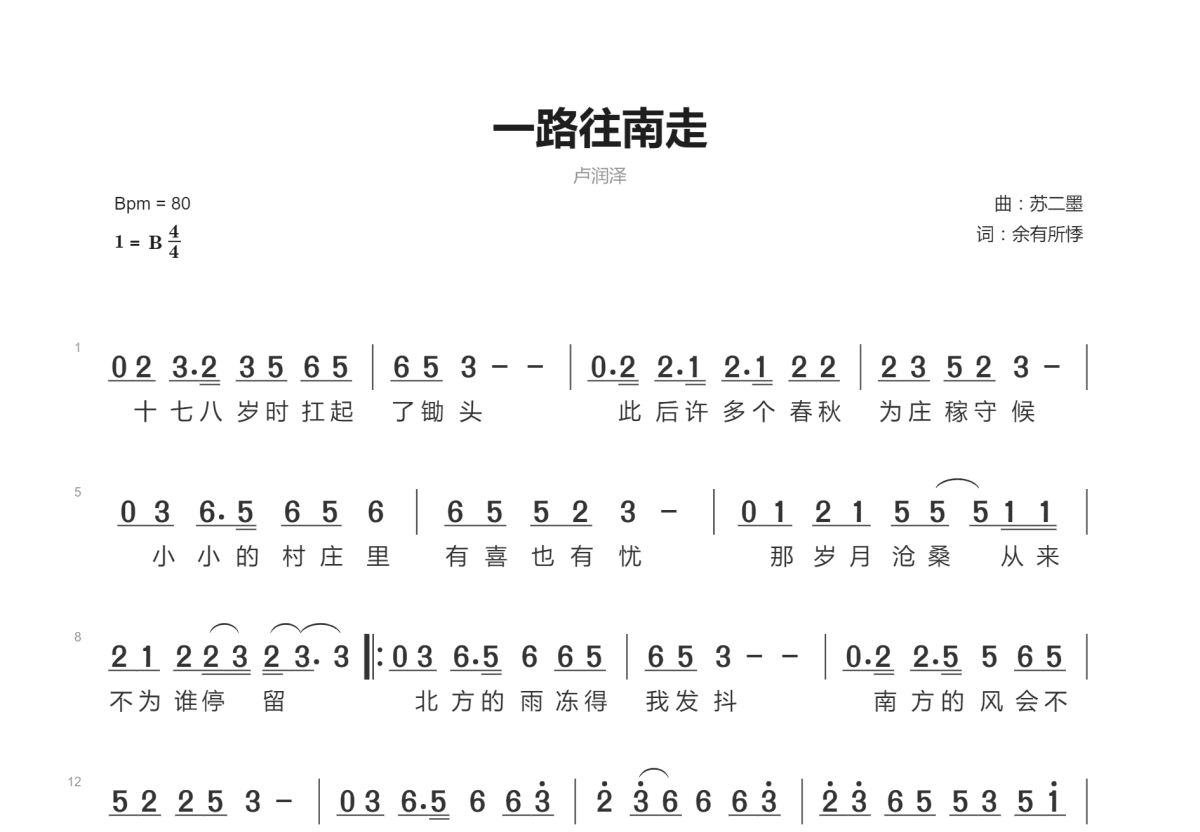 一路往南走简谱预览图