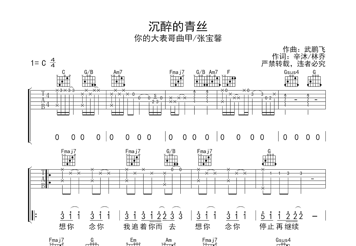 沉醉的青丝吉他谱预览图