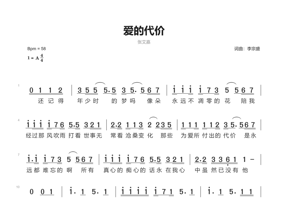 爱的代价简谱_张艾嘉