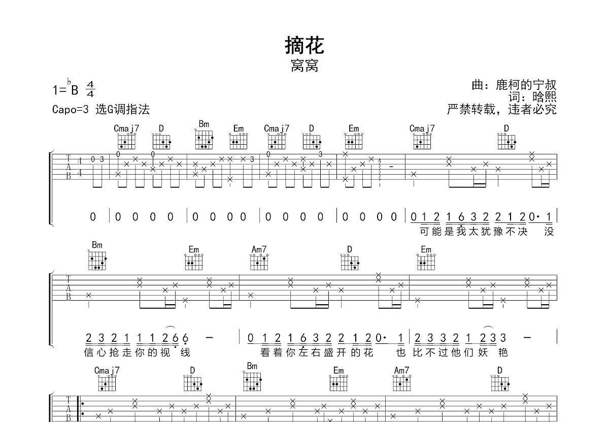 摘花吉他谱_窝窝_G调弹唱
