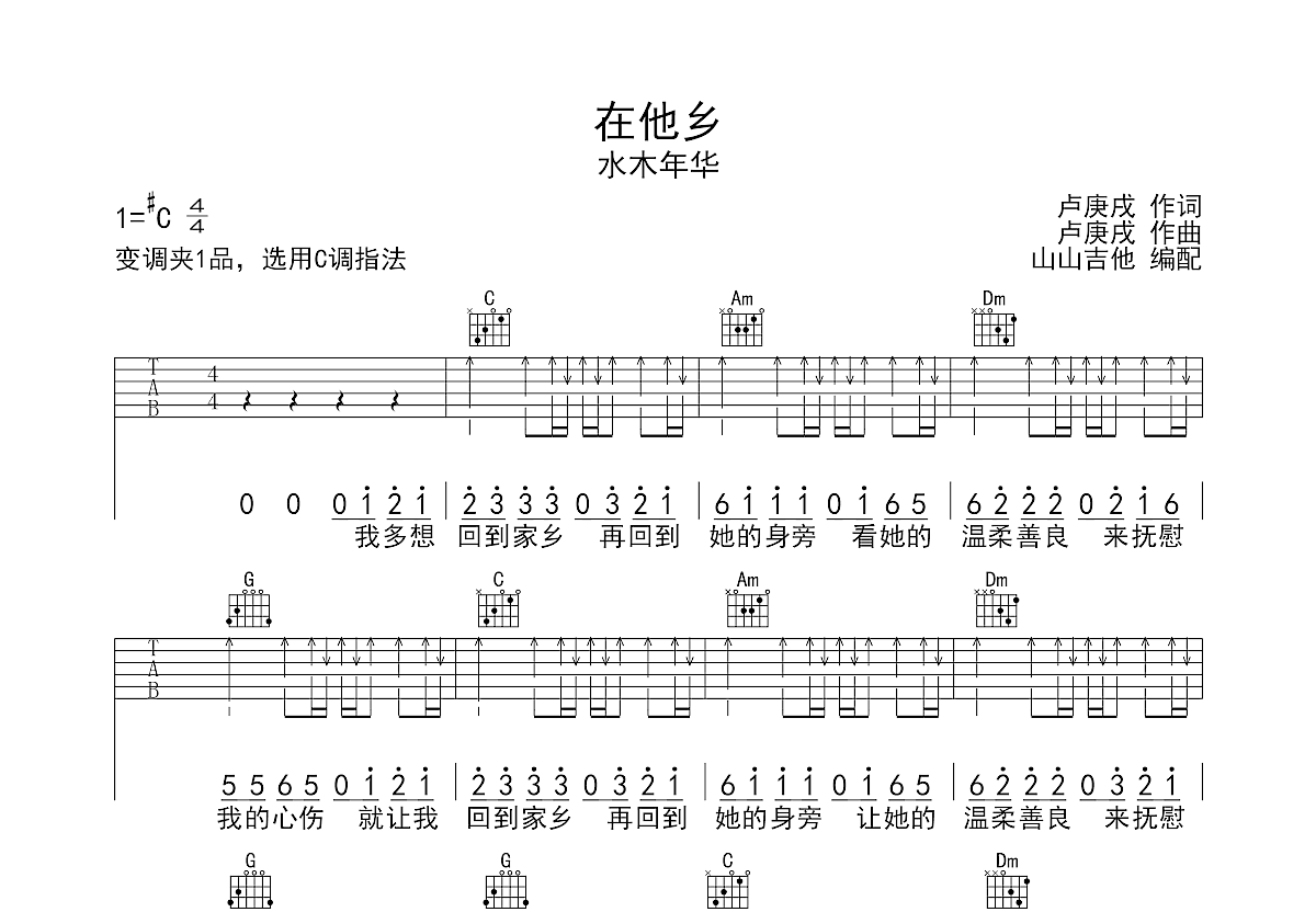 在他乡吉他谱预览图