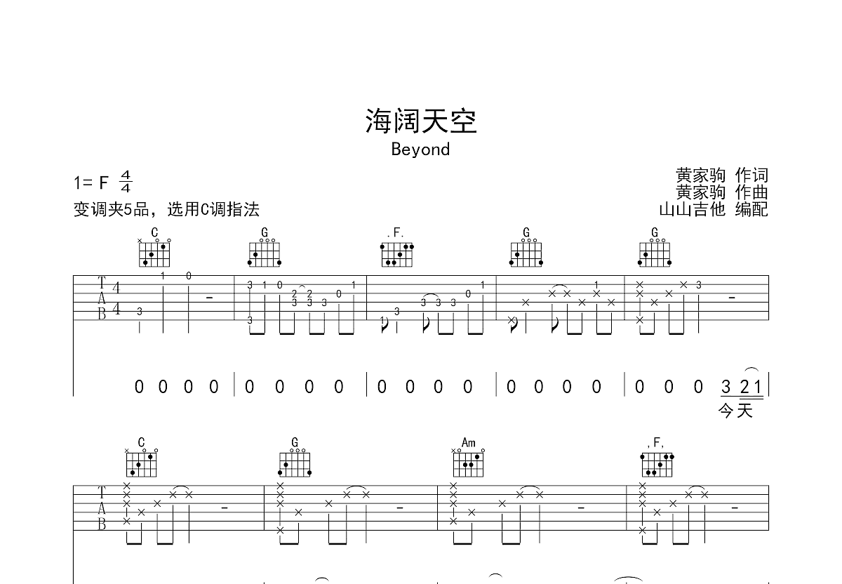 海阔天空吉他谱预览图