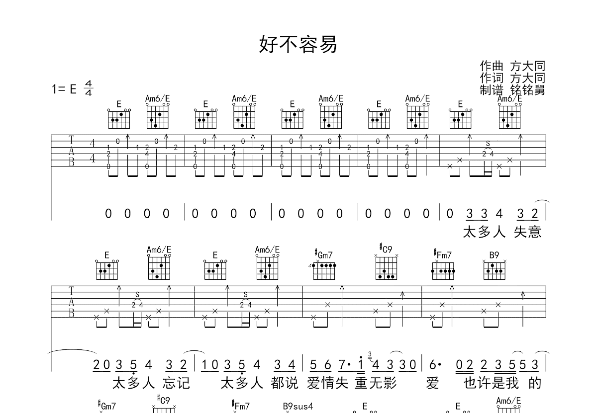 好不容易吉他谱预览图