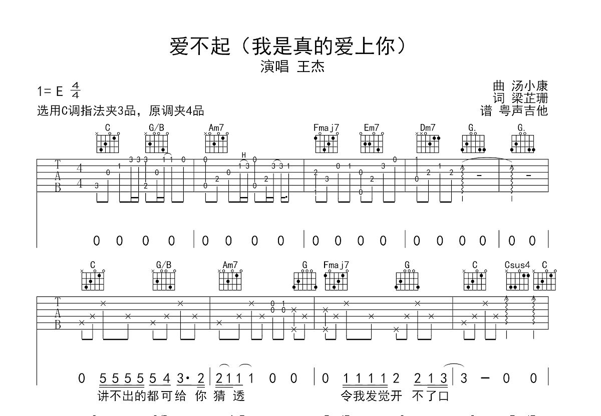 爱不起吉他谱_王杰_C调弹唱