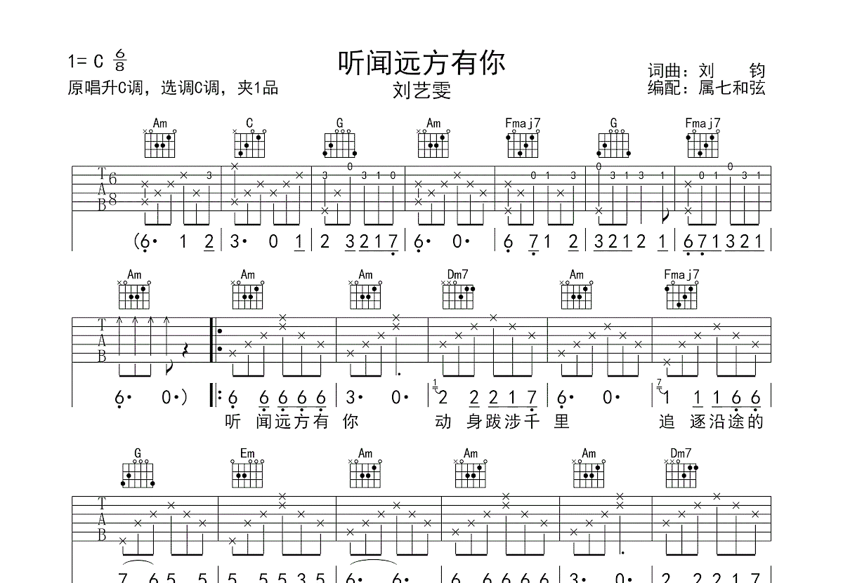 听闻远方有你吉他谱预览图