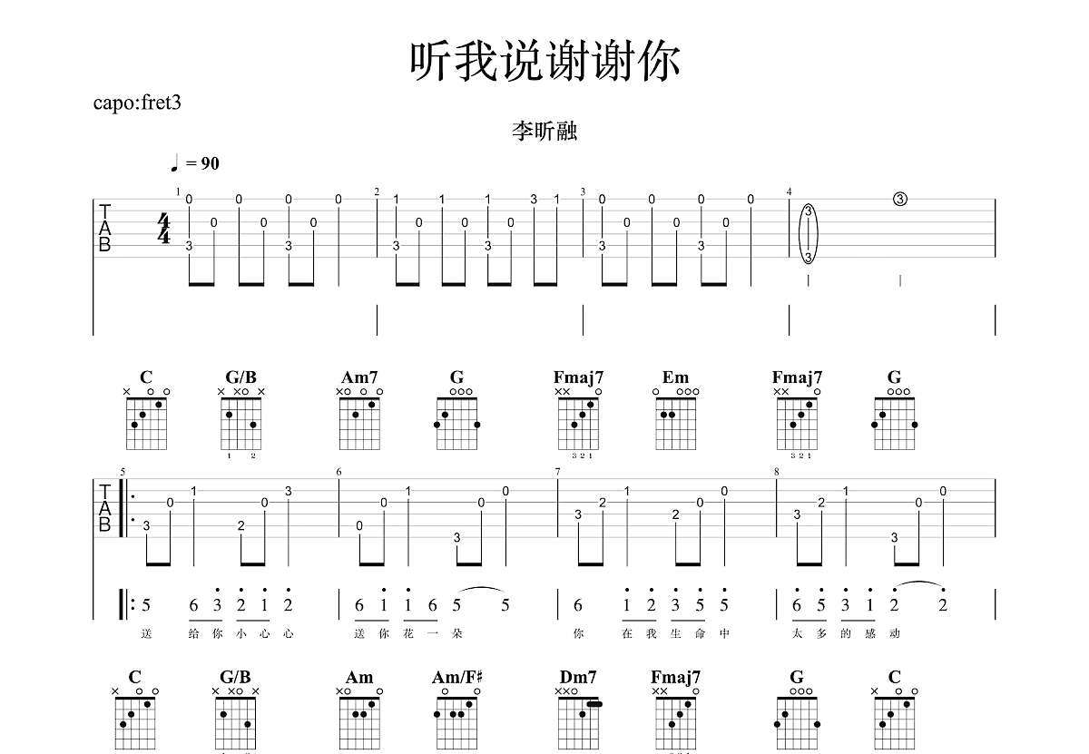 听我说谢谢你吉他谱预览图