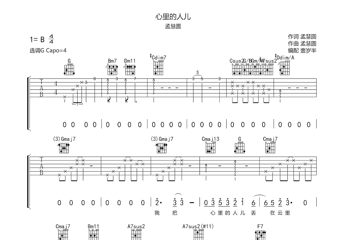 心里的人儿吉他谱预览图