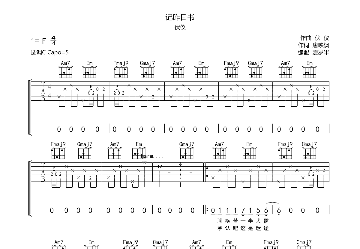 记昨日书吉他谱预览图