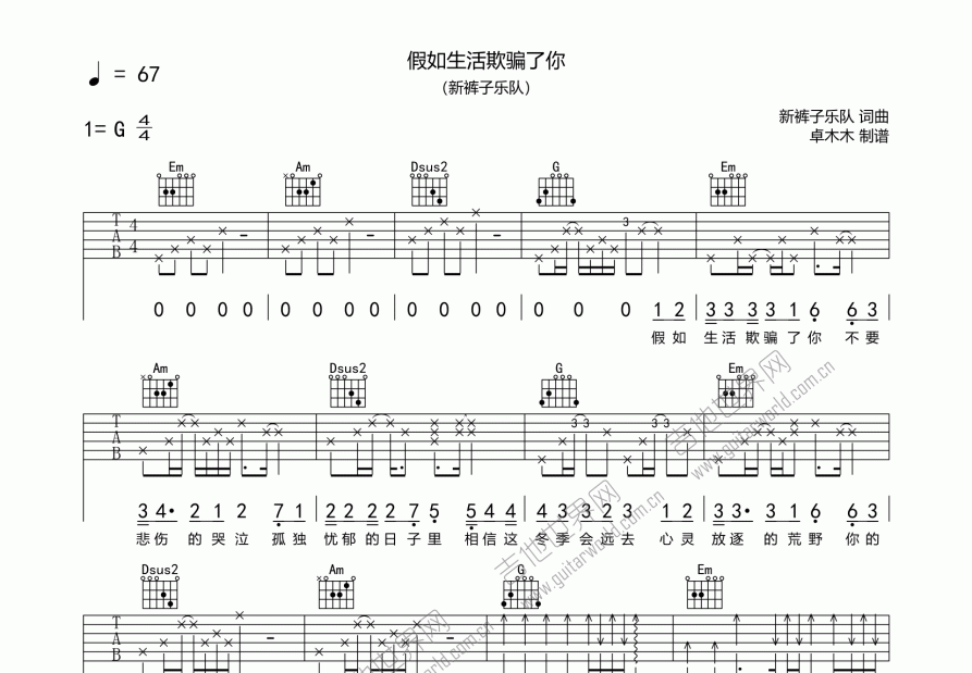 假如生活欺骗了你吉他谱预览图